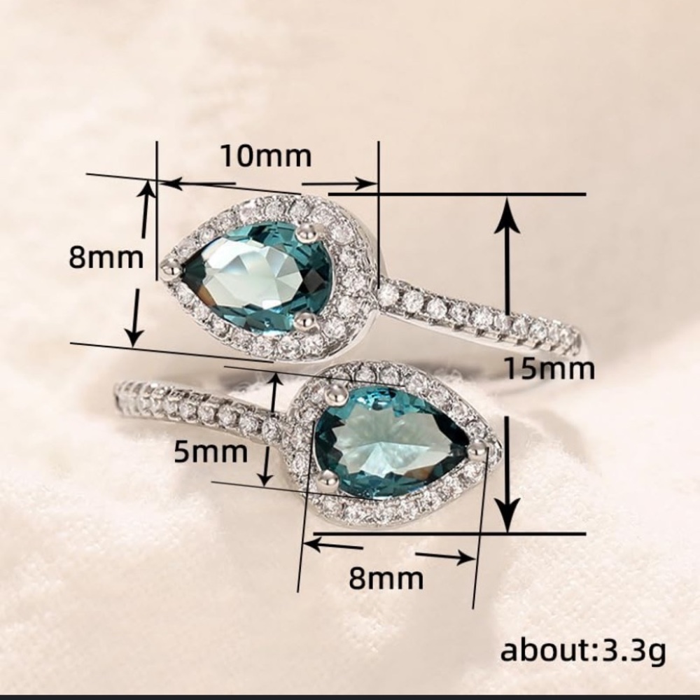 Teal Pear Halo Double-Teardrop Ring - Women's Silver Ring - Picture 3 of 9